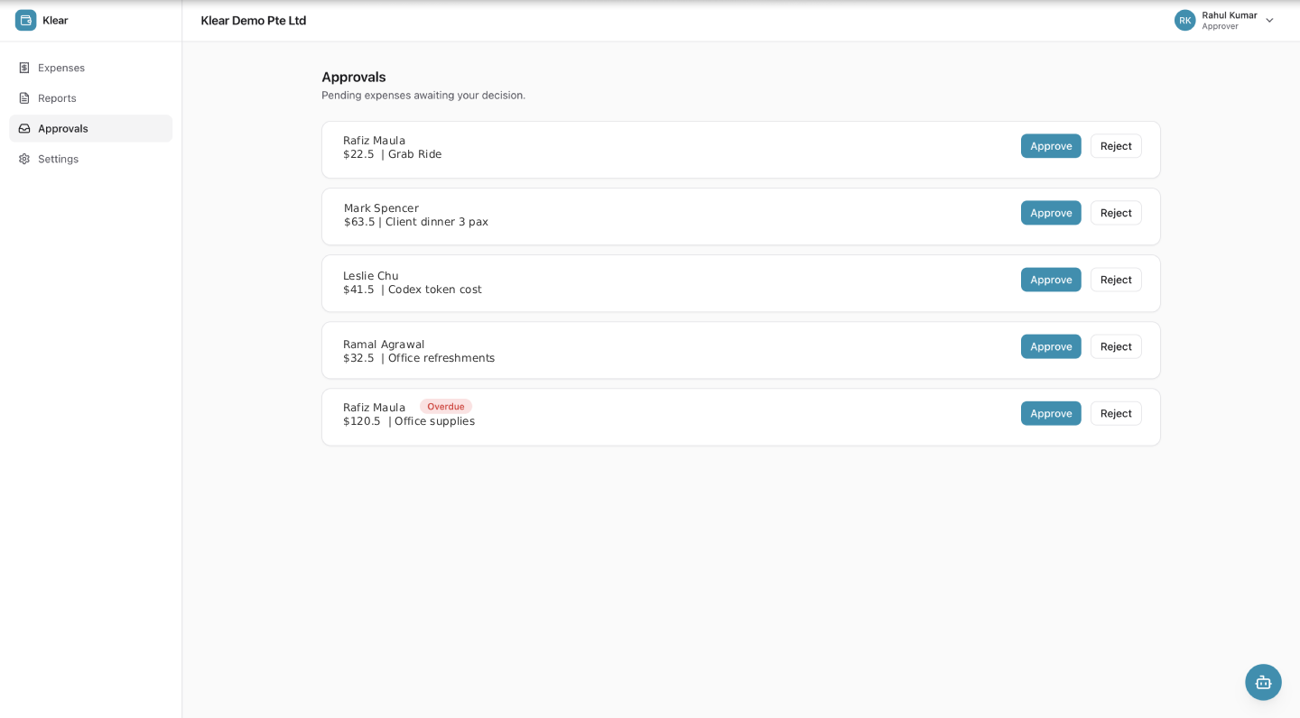 Klear approvals inbox showing expense cards sorted by SLA urgency